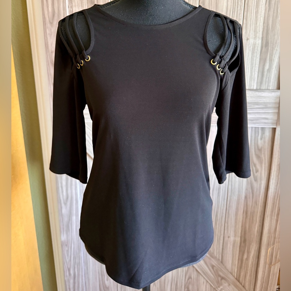 Sweet Rain Black 3/4" sleeve open front top. Stretch material